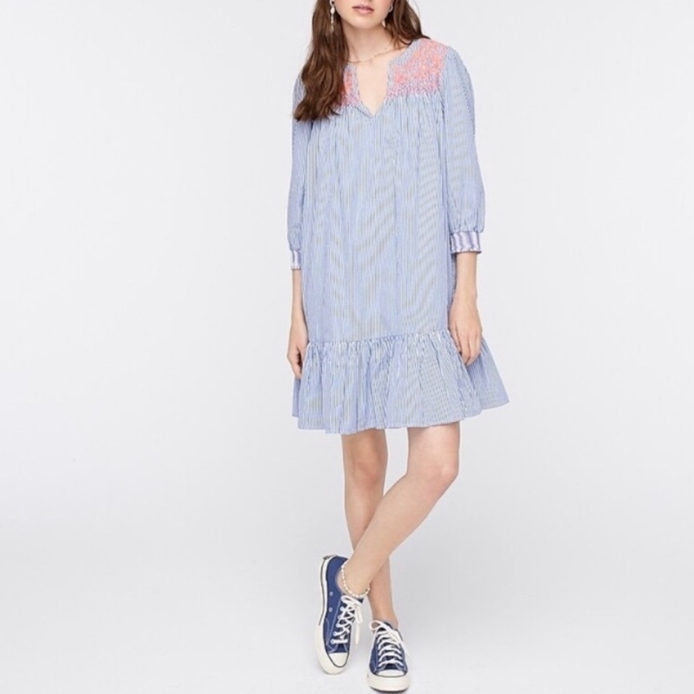 NWT J Crew Embroidered Striped Shift Dress 3/4 Sleeves Ruffle Hem Blue Sz M